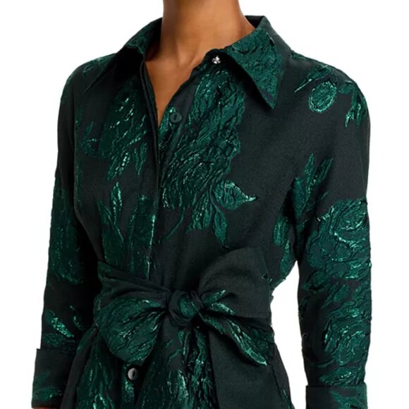 Teri Jon by Rickie Freeman Metallic Jacquard Midi Shirt Dress – Emerald Green - Picture 4 of 12